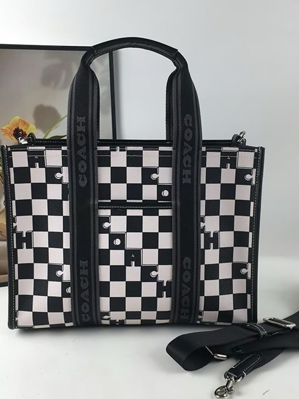Coach Black & White Checkerboard Tote with Logo Straps - Picture 2 of 5